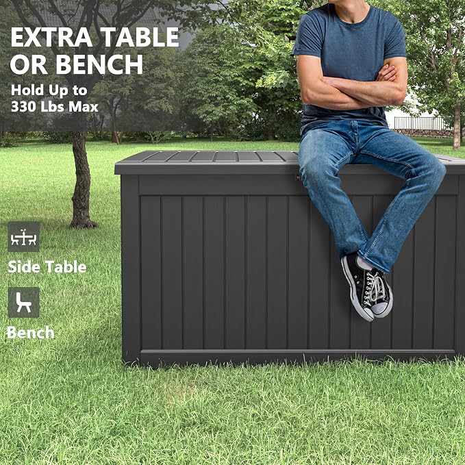 KAMABOKO 260 Gallon Outdoor Storage Box, Resin Deck Boxes Indoor and outdoor, Waterproof Storage Box Lockable Lid for Garden Tools, Package Delivery, Patio Cushions, Black