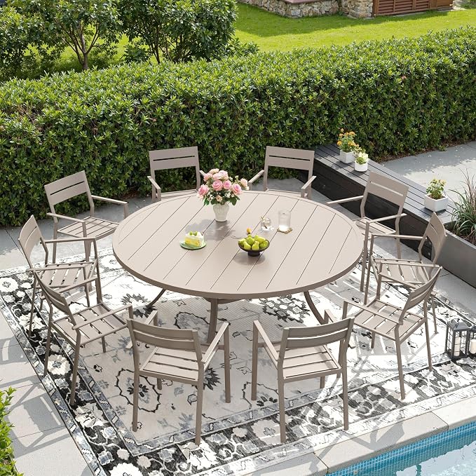 DIFY 11 Piece Outdoor Patio Dining Set for 10, Patio Table and Chairs Set with Umbrella Hole, 63" Round Dining Table and Stackable Metal Chairs for Backyard Garden Poolside, Sandshell