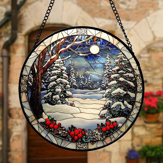 DASTOLL Stained Glass Window Hanging Christmas Tree Winter Snow Night Scenery Large 11.8" - Suncatcher Door Garden Kitchen Sun Catcher Home Decor Birthday for Mom Men Woman Friend