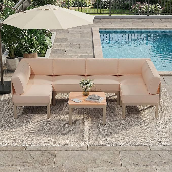 EROMMY 7 Pieces Patio Sectional Furniture Set, Metal Frame Outdoor Conversation Set with 6" Thick Cushions & Coffee Table, All-Weather U-Shape Sectional Sofa for Poolside, Deck, Backyard, Beige
