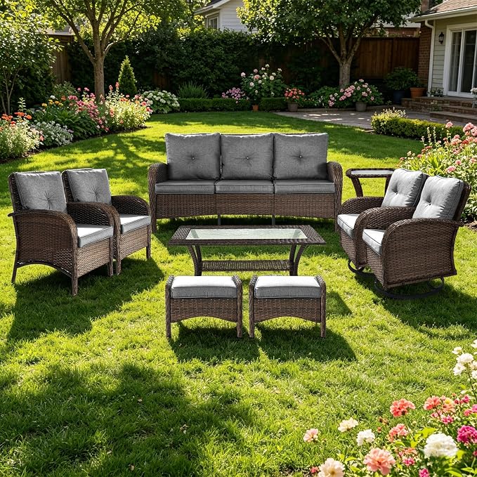 Outdoor Swivel Rocker Patio Chairs (Brown Wicker/Grey Cushion, 9PC/Sofa & Swivel & Chair &2 Table& Ottomans)