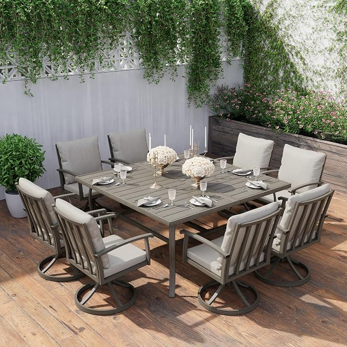HAPPATIO Patio Dining Set, Aluminum Outdoor Dining Set for 8, 59" Large Square Dining Table with Umbrella Hole and 8 Swivel Chairs, Outdoor Table and Chairs for Lawn Yard Patio