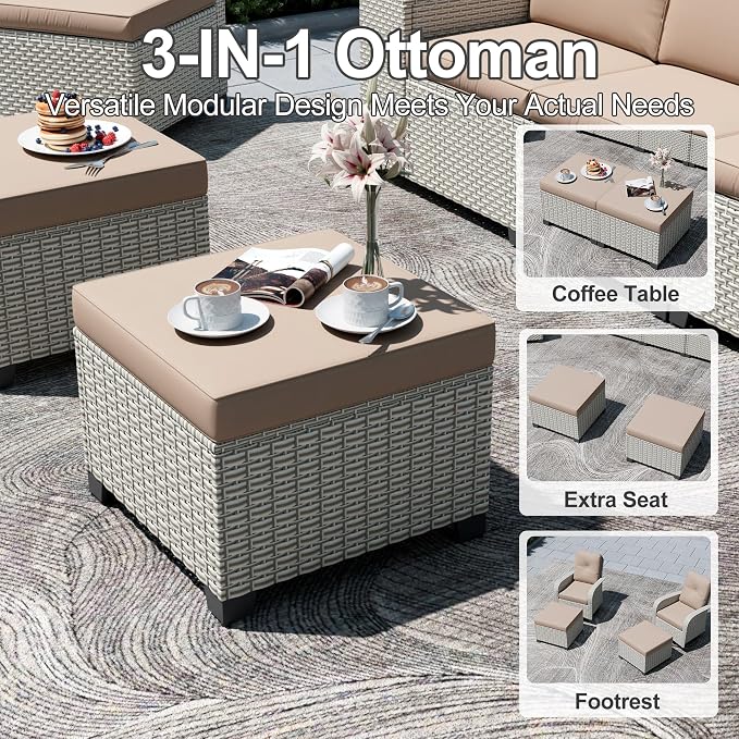 12-Piece Outdoor Patio Furniture Set with Fire Pit, Modular Sectional Sofa Set with Swivel Rocker Chairs & Ottomans, Wicker Outdoor Couch Conversation Sets w/Coffee Table and Cushions, Khaki