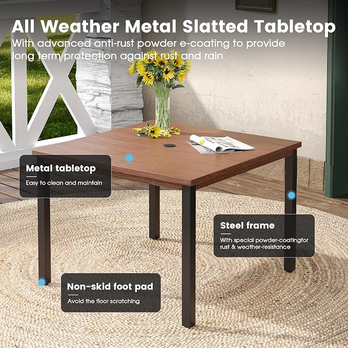 DIFY 5 Pieces Outdoor Dining Table Chair Set, Patio Dining Set with 1 Walnut Metal Square Table with Umbrella Hole & 4 Brown Stackable Curved Armrests Chairs for Lawn, Garden, Porch