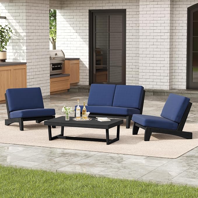4 Pieces Patio Furniture Sets, All-Weather Outdoor Wood Bistro Set Patio Conversation Coffee Table Chiars and Patio Loveseat for Balcony, Backyard