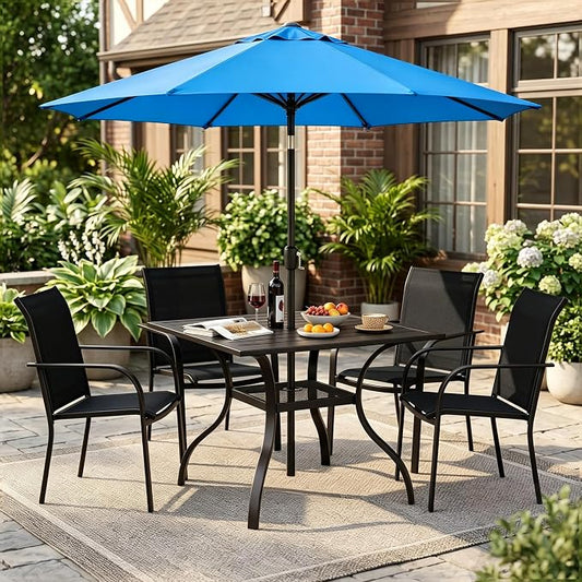 Crownland 5 Piece Patio Dining Set, Textilene Dining Sets, 4 Textilene Metal Chairs and Square Outdoor Dining Table with Sky Blue 9FT Round Outdoor Umbrella (Black)