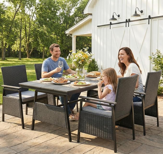 5 Piece Patio Dining Set, Outdoor Dining Table Set for 4, Aluminum Outdoor Dining Sets with Removable Cushions, Space Saving Rectangular Dining Table and Patio Chairs for Balcony/Deck, Black