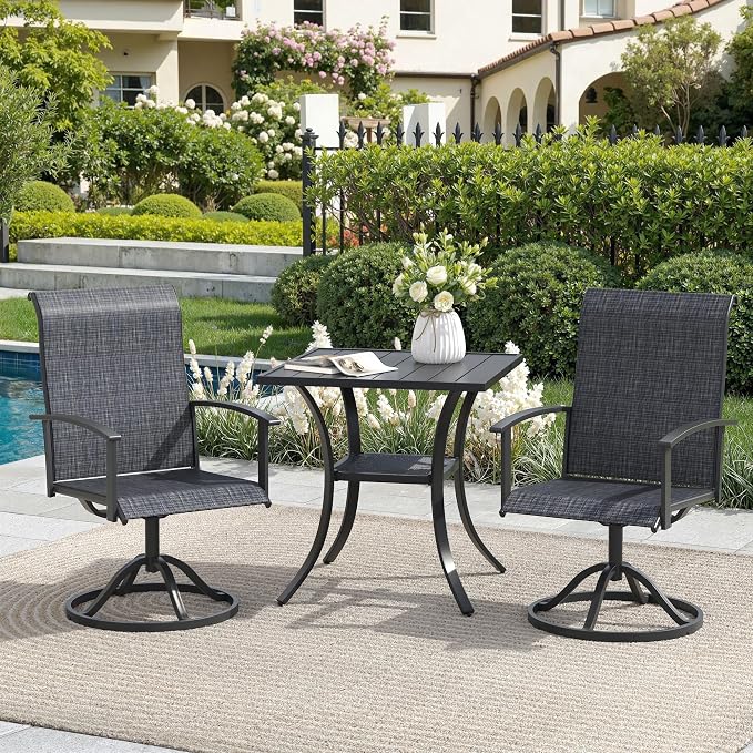 3 Pieces Outdoor Patio Dining Bar Set, 27.6" All Weather Square Metal Slatted Table with Storage Shelf and 2 High Back Textilene Swivel Chairs for Garden, Lawn, Black