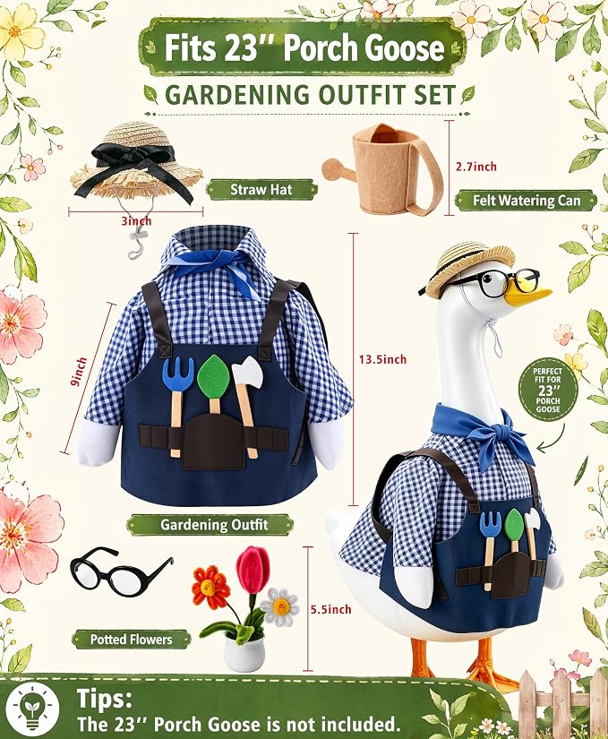 SIQUK Gardener Porch Goose Outfit Porch Goose Clothes Fit 23'' Geese Statue | Porch Goose Costume, With Hat Glasses Scarf Tools Watering Can Flower Pot, For Spring Summer Garden Yard Lawn Decor