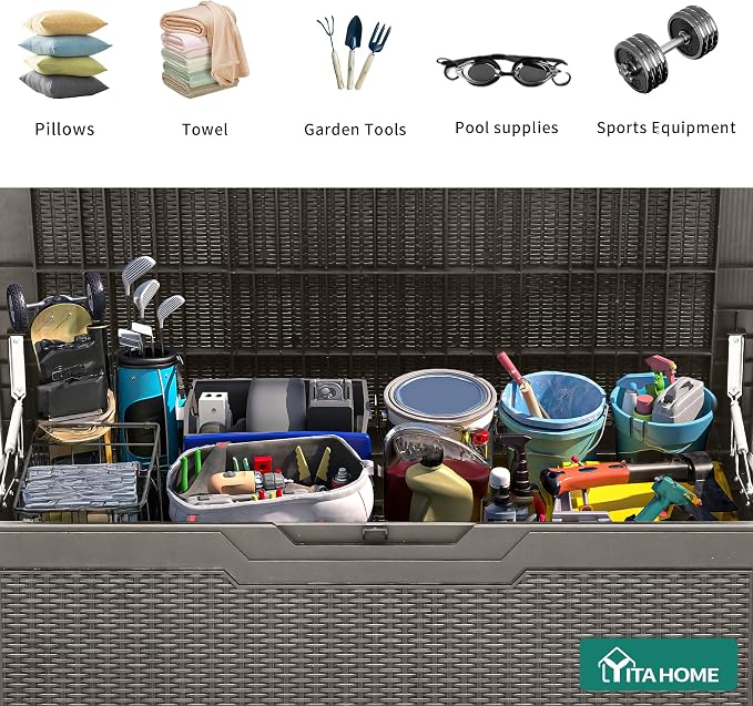 YITAHOME 100 Gallon Resin Deck Box, Weather Resistant Outdoor Storage Box, Lockable Indoor Outdoor Storage for Supplies and Essentials, Taupe