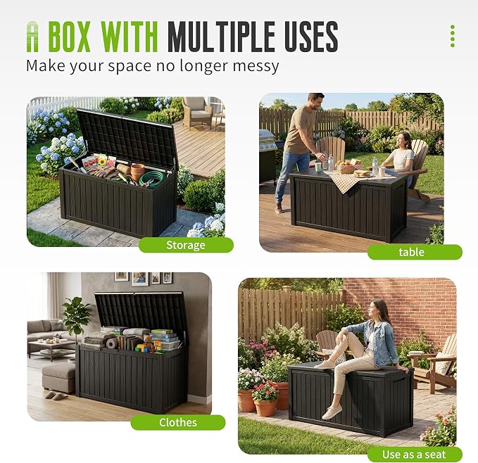 DRATO 200 Gallon Outdoor Storage Box Waterproof, Large Resin Lockable Outdoor Deck Box with Lid, Weatherproof Container for Patio Furniture Cushions, Garden Tools, Pool Accessories (Black, 200 Gallon)