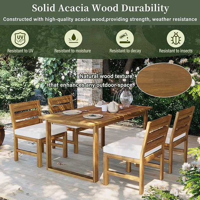5-Piece Outdoor Patio Dining Set for 4, Solid Acacia Wood Table with Rope Woven Chairs, Farmhouse Style for Garden Backyard Poolside (Beige,Natural 2)