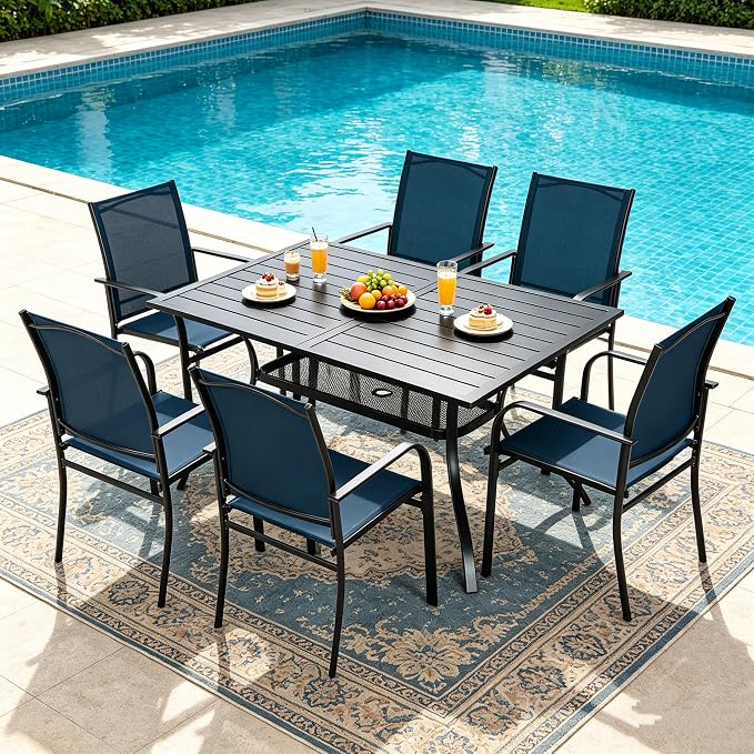 SUNCROWN 7 Pieces Outdoor Dining Set, Patio Furniture Set with 6 x Textilene Dinning Chairs and 1 Steel Slat Metal Bistro Table for Garden Lawn Backyard Deck (Dark Blue)