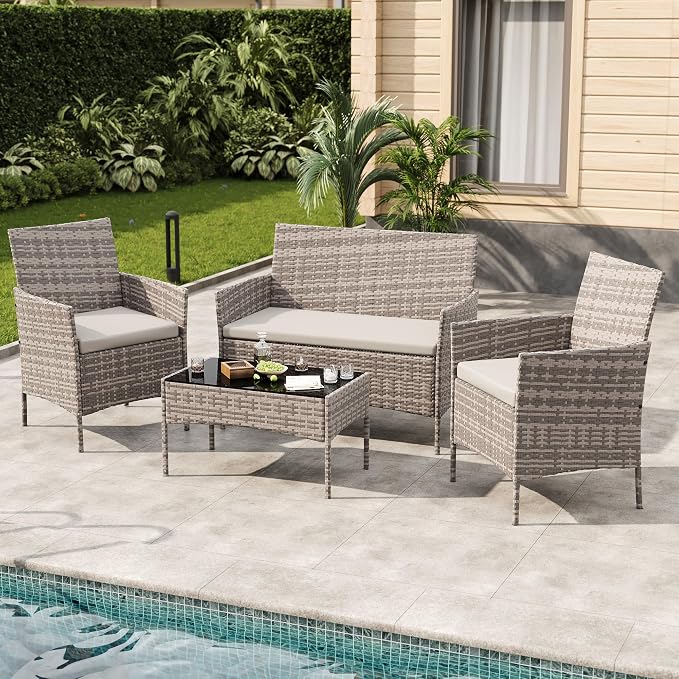 4-Piece Outdoor Furniture Set, PE Rattan Wicker Chairs with Soft Cushions & Tempered Glass Coffee Table - All-Weather Patio Set for Garden, Backyard, Porch, Poolside (Gray/Light Gray)