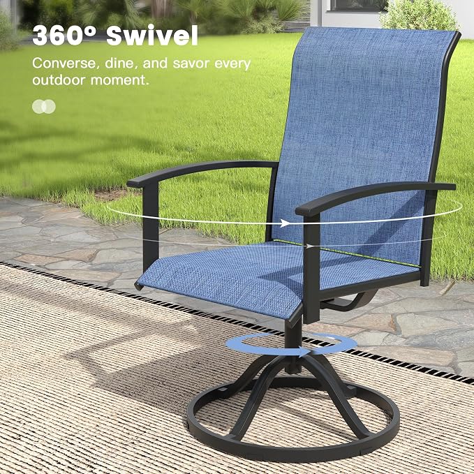 VICLLAX 5 Pieces Patio Outdoor Dining Set, 4 Swivel Textilene Chairs and 40.6" Round Metal Table with Umbrella Hole for Porch, Deck, Garden, Black/Dark Blue