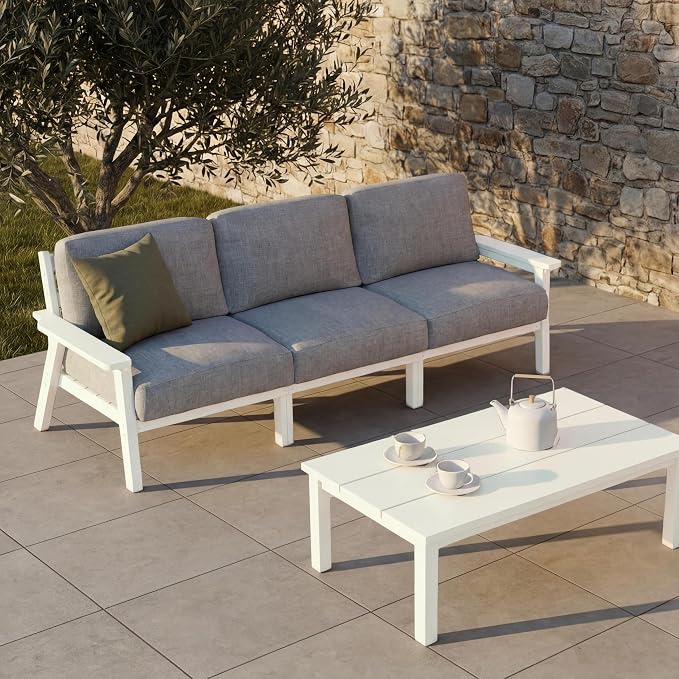 Patio Furniture Set 3 Seats, HDPE Outdoor Sectional with Washable Gray Thick Cushions, Coffee Table & Side Table, Patio Conversation Sets for Lawn, Garden, Porch, Balcony (White Frame)
