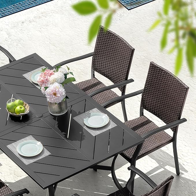 NUU GARDEN 7-Piece Outdoor Patio Dining Set, 6 Wicker-Style Dining Chairs and 61 x 37 Inch Rectangular Table with Umbrella Hole, Patio Furniture for Deck, Garden, Backyard, Indoor & Outdoor, Black