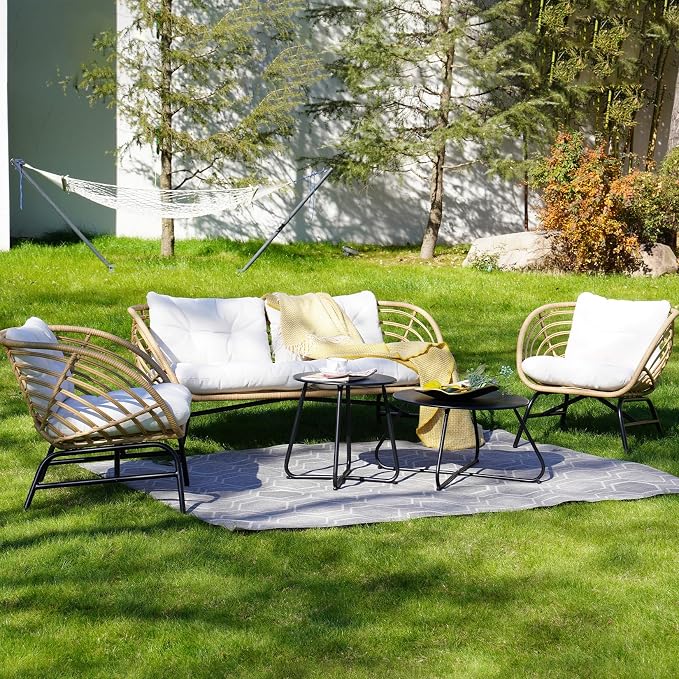 Grand patio Patio Furniture Set, Outdoor Wicker Patio Conversation Seating Chair with Cushions and Coffee Table, Boho Seating Chat Set for Indoor Outdoor, Balcony, Porch, Garden, Deck