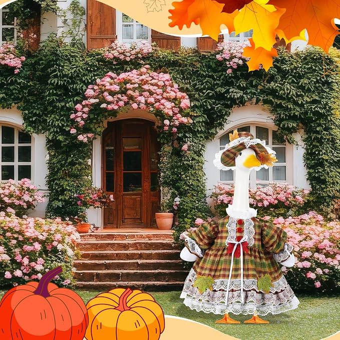 FuWeave Fall Porch Goose Outfit Maple Goose Costume Fancy Porch Geese Clothes with Wide Hat for 23" 17" Outdoor Patio