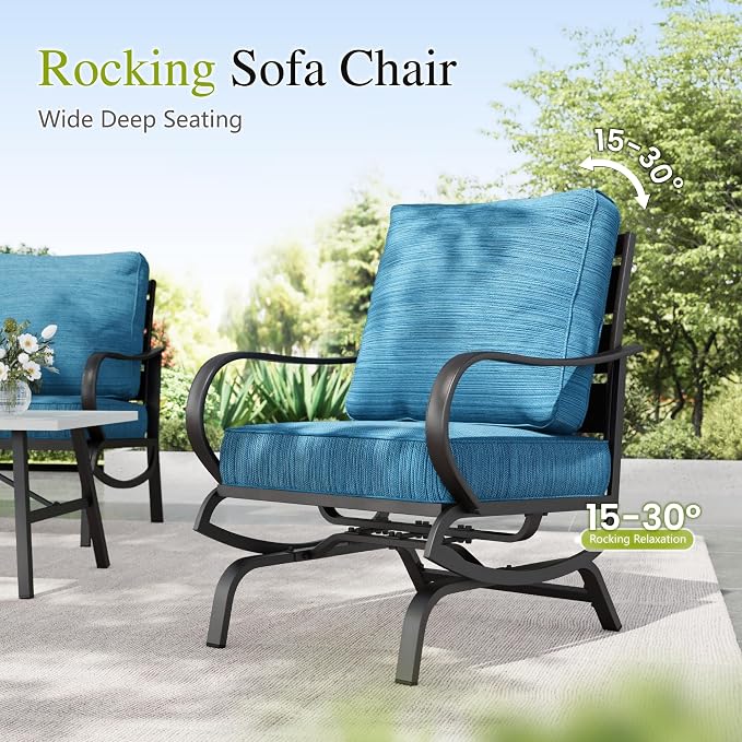 Sophia & William Patio Furniture Sets 5 Seats Outdoor Metal Conversation Sets 5 Pcs with 2 x Cushioned Swivel Sofa Chairs,1 x 3-Seat Sofa,2 x Ottomans for Coffee Lawn Backyard Poolside Peacock Blue