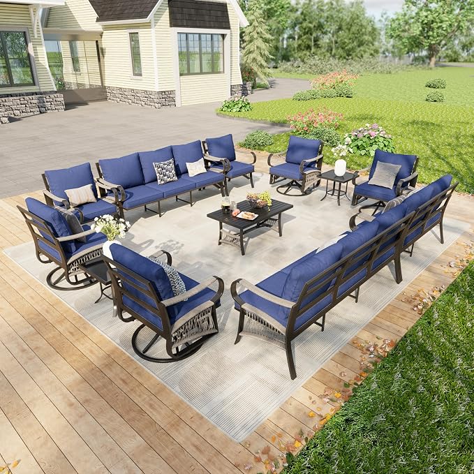 12-Piece Modern Patio Furniture Set, All Weather Metal Outdoor Conversation Sets with 5.1" Extra Thick Cushion for Backyard Garden Deck Porch Poolside, Blue