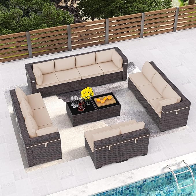 14 Pieces Outdoor Patio Furniture Set,Outdoor Sectional Furniture All Weather PE Rattan Wicker Patio Conversation Set with 2 Coffee Tables and 12 Thickened Cushions,Sand