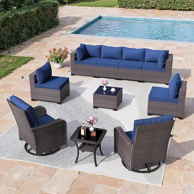 10 Pieces Outdoor Patio Furniture Set,Outdoor Sectional Furniture All Weather PE Rattan Wicker Patio Conversation Set with Coffee Table,Swivel Rocking Chairs Set,Navy Blue