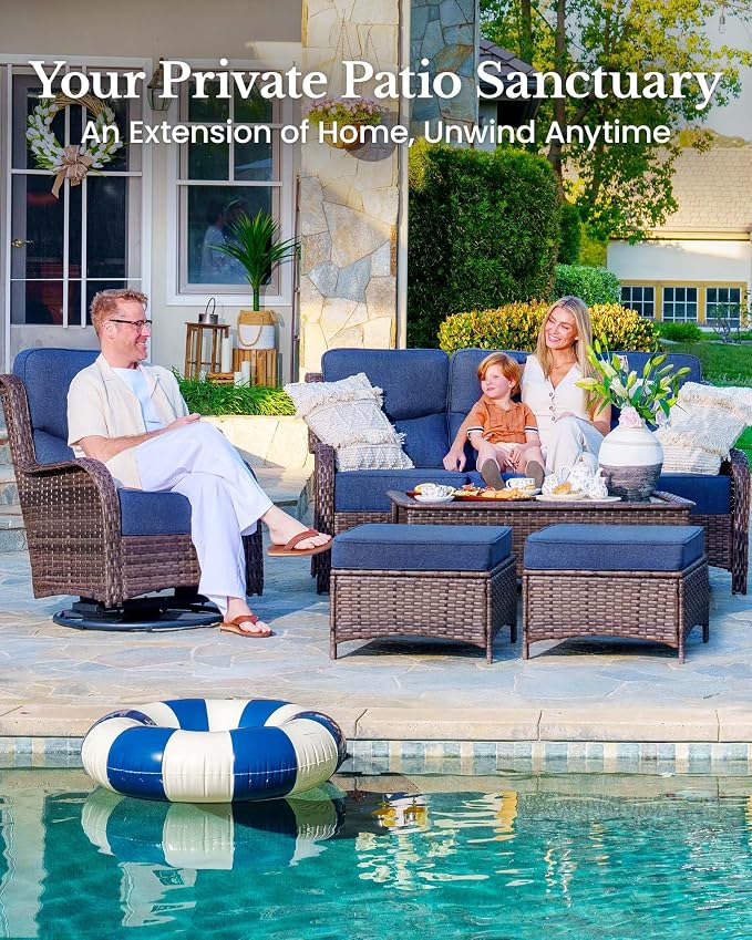 HILLGA 7-Piece Luxury Patio Furniture Set with 6" Thick Cushions, Weather-Resistant Wicker High Back Swivel Rocker Chairs, Senior-Friendly Outdoor Loveseat Set for Large Deck and Poolside, Blue(V2)