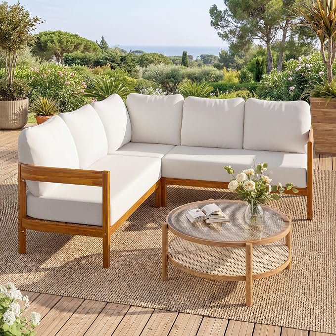 Acacia Wood L-shaped Outdoor Corner Sofa, Patio Conversation Furniture Set With 6 Soft Seat Cushions and Backpack , All Weather Outdoor Patio Sofa with Arc frame for Backyard, Garden (White-3.20)