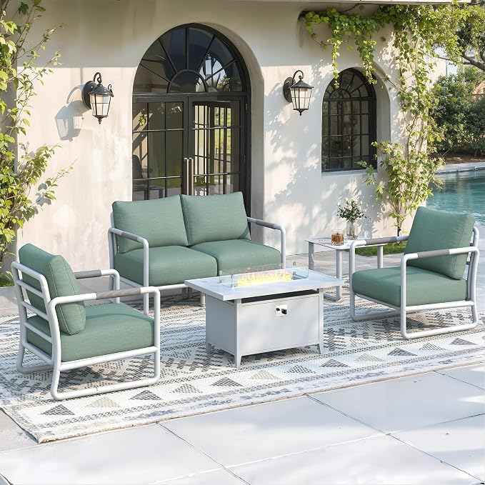 Outdoor Aluminum Patio Furniture Set with 43" Fire Pit Table,4-Seat Outdoor Conversation Set with 6.5" Thick Cushions & Coffee Table, All-Weather Patio Set for Backyard，Brown