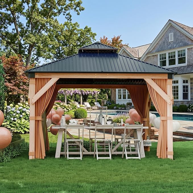 10'x10' Hardtop Wood Gazebo, Cedar Frame Outdoor Pavilion with Double Galvanized Steel Roof, Curtains and Netting Included, Ceiling Hook for Patio Backyard Deck Lawn Garden