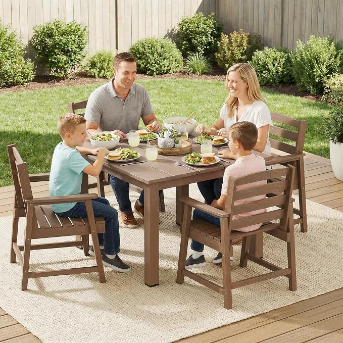 LOUNZY 5 Piece Patio Dining Set for 4, HDPE Outdoor Dining Furniture, Brown | 4 person patio set, eco-friendly HDPE, Space-saving heat resistant surface, family friendly outdoor dining solution