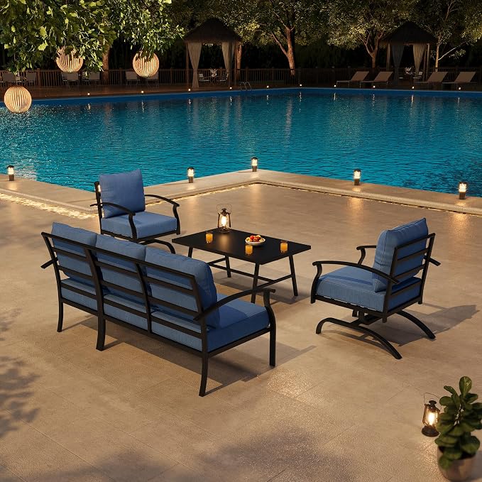Metal Patio Furniture Set, 4 Piece Outdoor Sectional Conversation Sofa Set, 3-Seat Sofa w/2 Single Sofas and Coffee Table, Garden, Porch, Balcony, Deck, Navy Blue