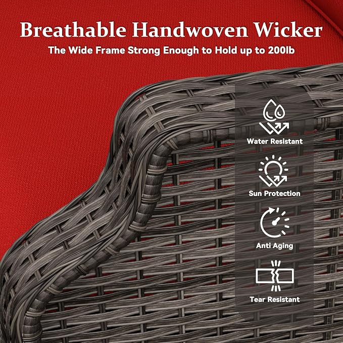 5 Pieces Patio Furniture Set, Outdoor Furniture Set with 2 Patio Swivel Rocking Chairs, 2 PE Rattan Ottoman, 1 Outdoor Wicker Sofa with Thick Cushions, Ideal for Backyard, Garden, Poolside, Red