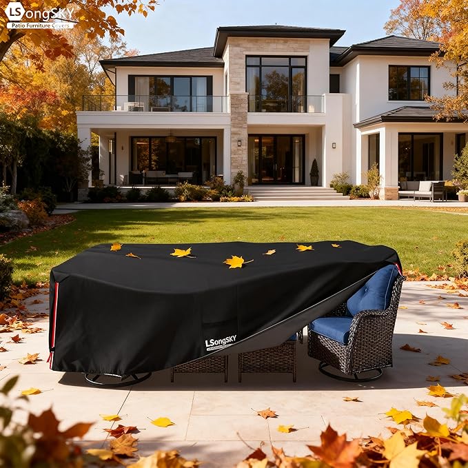 Outdoor Furniture Covers Waterproof,600D Heavy Duty Patio Furnitures Covers for 6/7/8 PCS Sets Sectional Sofa Couch Rocking Swivel Chairs Ottomans Coffee Table,126L x 74W x 28H inch Black