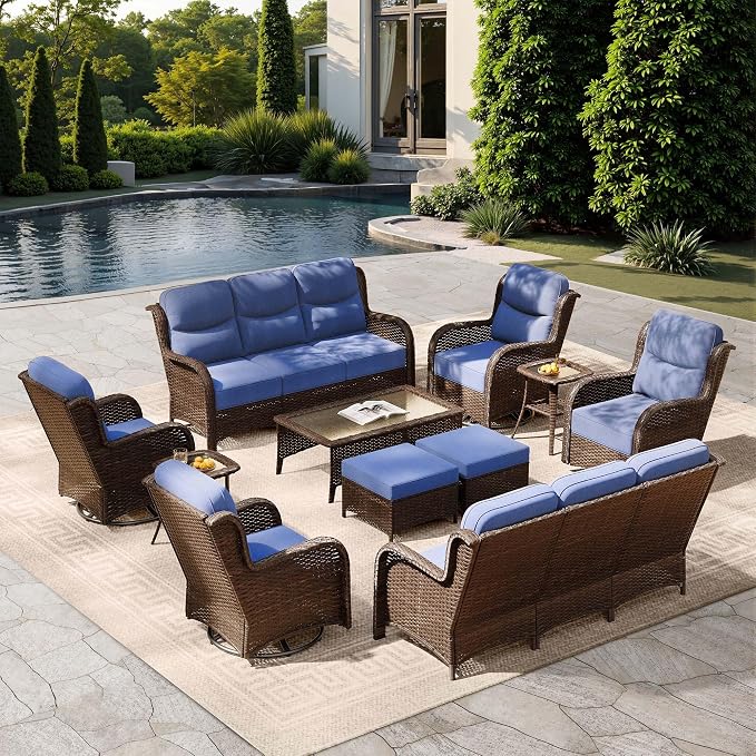 HILLGA Luxury Outdoor Patio Furniture Set with 6-Inch Thick Cushions, High Back Wicker Swivel Rocker Chairs, 11 Pcs All Weather Conversation Set for Large Deck, Yard and Poolside, Blue (V3)