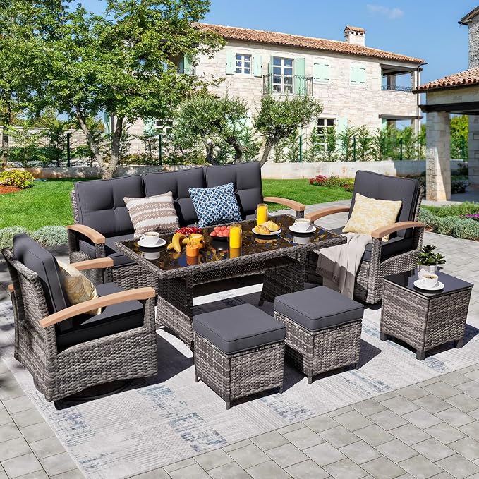 MEISSALIVVE 7 Pieces Patio Furniture Sets, PE Wicker Outdoor Conversation Sets with 2 Wood Armrests Swivel Rocker Chairs, 2 Ottomans, 3-seat Sofa and Dining Table (Grey)