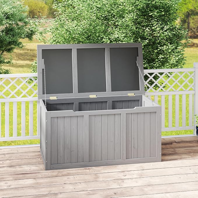 67 Gallon Outdoor Wooden Deck Box Solid Wood Storage Box Seat Table Top for Patio Furniture Cushions, Pool Toys Garden Tools