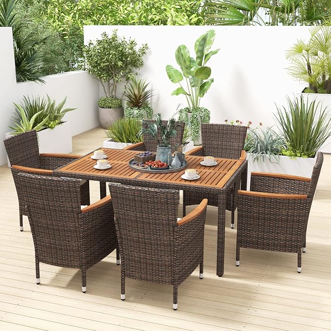 7 Pieces Patio Wicker Dining Set Outdoor Dining Set, Patio Furniture Set with Acacia Wood Table and Chairs, Garden Dining Table Set for Desk, Poolside, Backyard (Brown)