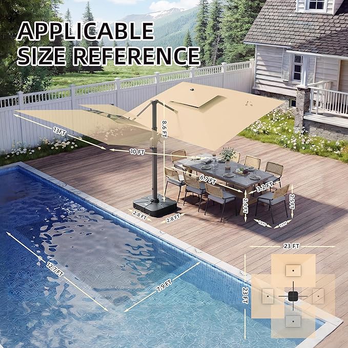 10 X 13 FT Cantilever Patio Umbrella with Led Lights and Base Included Heavy Duty Outdoor Double Top Large Rectangle Offset Umbrellas with 360-degree Rotation for Garden Pool Deck Backyard, Beige