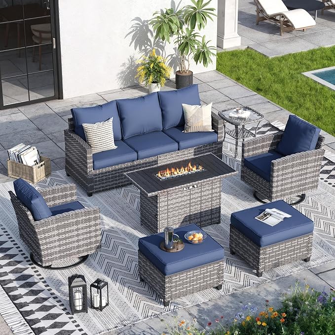 7 Pcs Outdoor Furniture with 44" Fire Pit Table, Rattan Patio Conversation Sets with Swivel Chair, Gas Fire Pit, Ottomans, Side Table, 4" Thick Cushion, for Backyard Garden Deck,Navy Blue