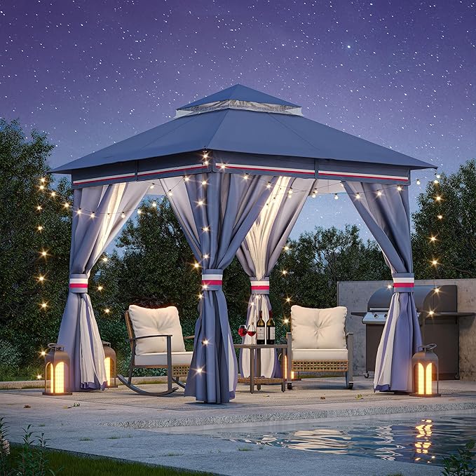 LAUSAINT HOME Patio Gazebo 8'x8', Outdoor Heavy Duty Party Tent Shelter with Double Roofs, Mosquito Nettings and Privacy Screens for Backyard, Garden, Lawn, Classic Blue