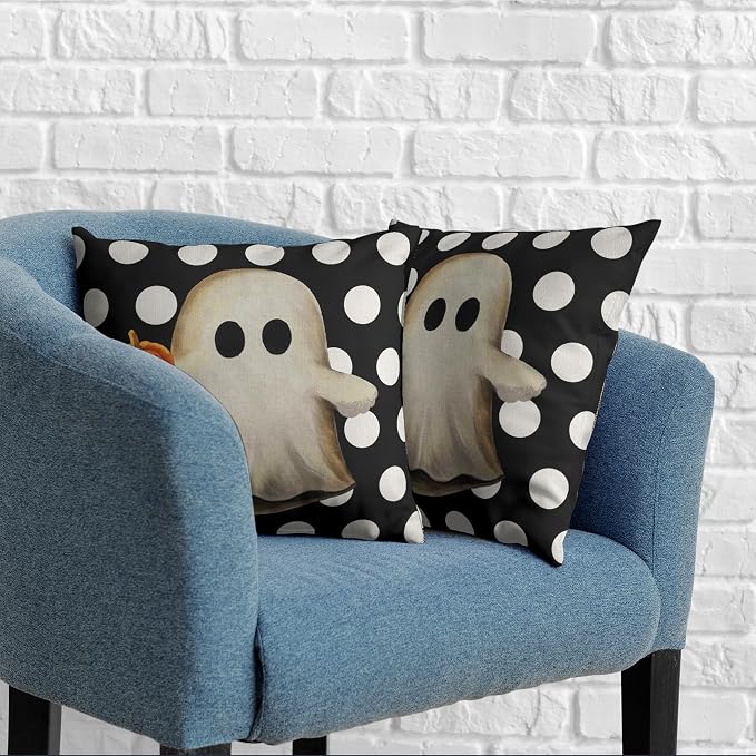 Set of 2 Happy Halloween Pillow Covers 22x22 Gus Ghost Spooky Pillow Case White Polka Dot Horror Holiday Cushion Case for Couch Sofa Halloween Party Decorations