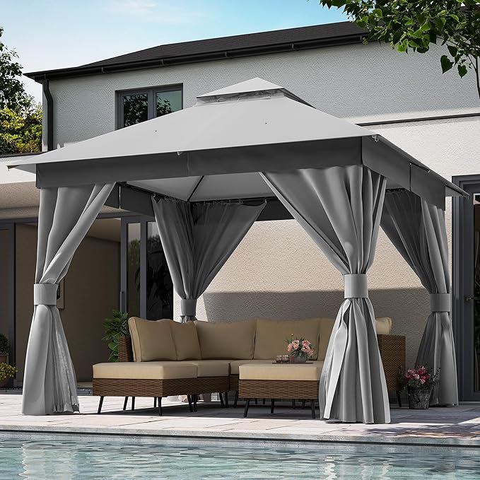 LAUSAINT HOME 10'x10' Outdoor Gazebo, Metal Frame Heavy Duty Patio Canopy Tent Shelter with Double Roofs, Mosquito Nettings and Privacy Screens for Backyard, Garden, Lawn, Gray