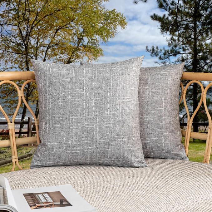 Kevin Textile Outdoor Waterproof 18”x18” Pillow Covers 2 Pack, Grey | Water Resistant, Soft Faux Linen-cotton Yarn-dyed Woven Texture Throw Pillow Covers for Tent Patio Garden Couch Sofa