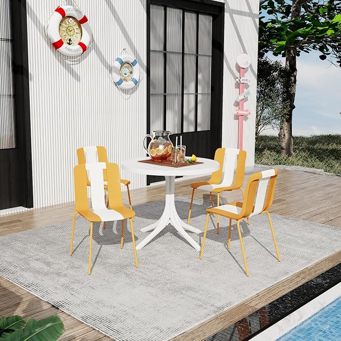 LUMISOL 5 Piece Outdoor Dining Table Set, All Weather Round Table and Chairs Set with Striped Color Block Chairs and Sturdy Metal Legs for Garden, Backyard, Poolside, Beige+Orange+White