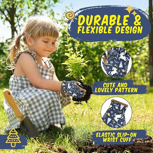 HANDLANDY Kids Leather Gardening Gloves, Kid Work Gloves, Blue, L | Durable Soft Breathable Yard Work Cycling Outdoor Playing Glove for Age 2-9, for Children, Boys, Girls, Toddlers, Great Gift