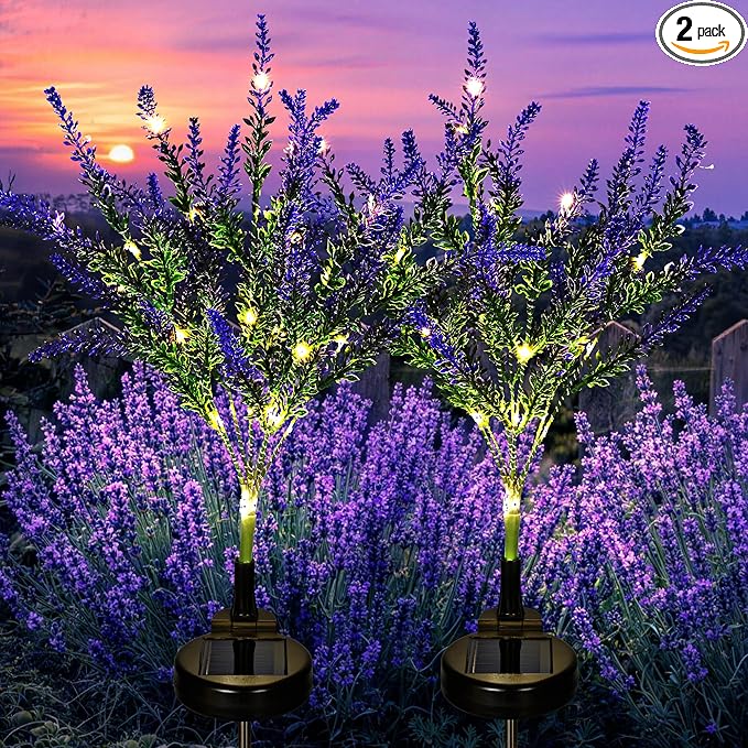 GIGALUMI Solar Garden Lights with Lavender, LED Garden Decor Carefree Solar Flowers Outdoor Waterproof, Yard Decorations Outdoor, Allergy-Free Everlasting Light up Flowers for Yard Patio (Set of 2)
