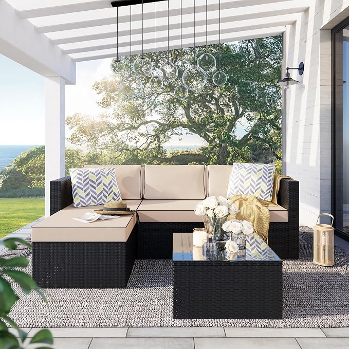 SUNLEI Patio Furniture Set with Detachable Soft Cushions, Outdoor PE Rattan Patio Conversation Sofa Set, 3-Piece Patio Sectional Sofa with Glass Coffee Table,Black Rattan/Khaki