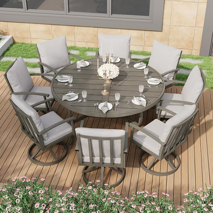 HAPPATIO Patio Dining Set, Aluminum Round Outdoor Dining Set for 8, 61" Round Table with Umbrella Hole and 8 Swivel Chairs, Outdoor Table and Chairs with Removable Cushion for Lawn Yard Patio